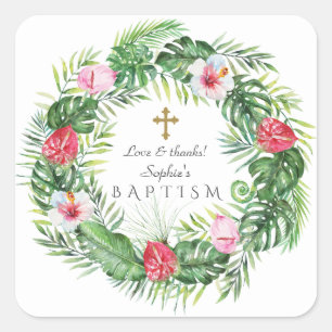 Sticker Carré Luau Hawaiian Fleurs Tropicales Wreath Baptism