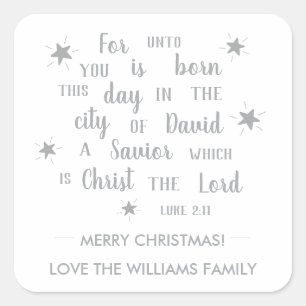 Sticker Carré Luc 2:11 Argent Script Religieux Cadeau de Noël