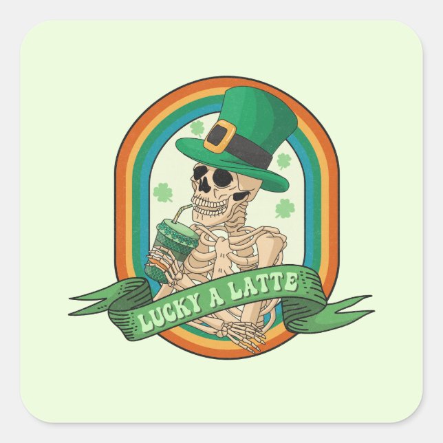 Sticker Carré Lucky A Latte - Squelette, Café et Cloches (Devant)
