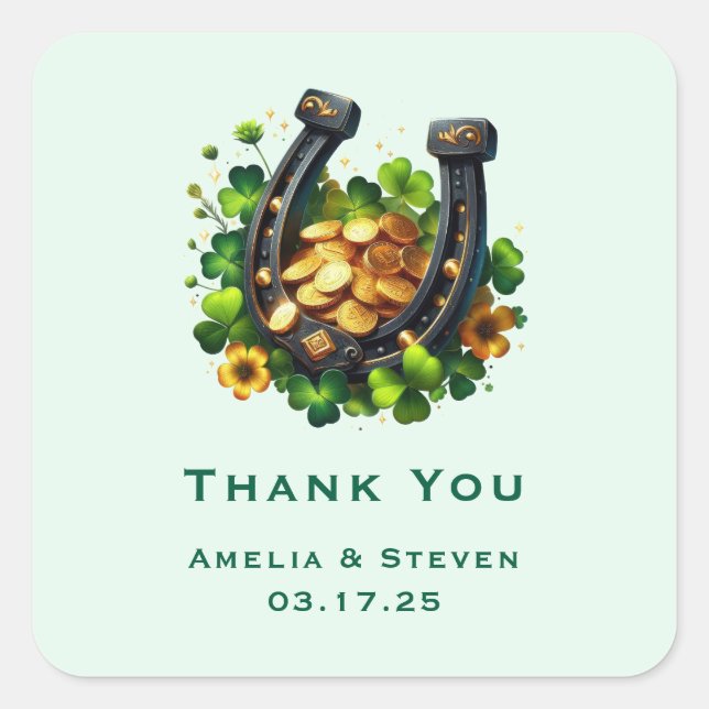 Sticker Carré Lucky Horseshoe et Gold Coins Mariage Merci (Devant)
