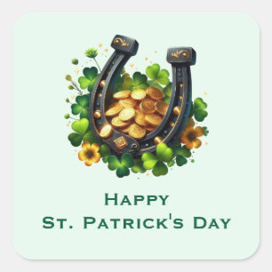 Sticker Carré Lucky Horseshoe et Gold Coins St. Patrick's Day