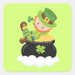 Sticker Carré Lucky Leprechaun sur une casserole d'or