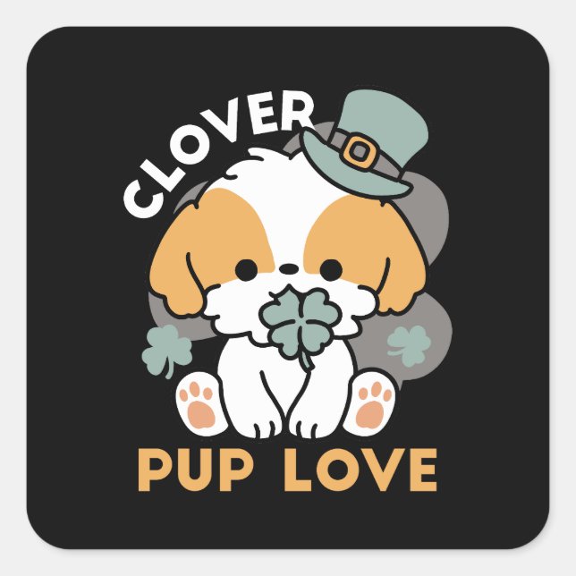 Sticker Carré Lucky Pup with Clover - St. Patrick's Day Cadeau (Devant)