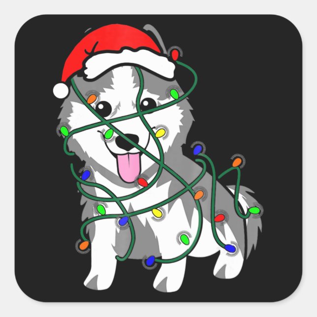 Sticker Carré Lumières de Noël Husky Décoration drôle Husky (Devant)