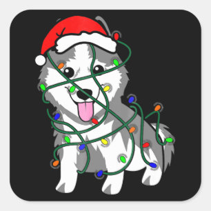 Sticker Carré Lumières de Noël Husky Décoration drôle Husky