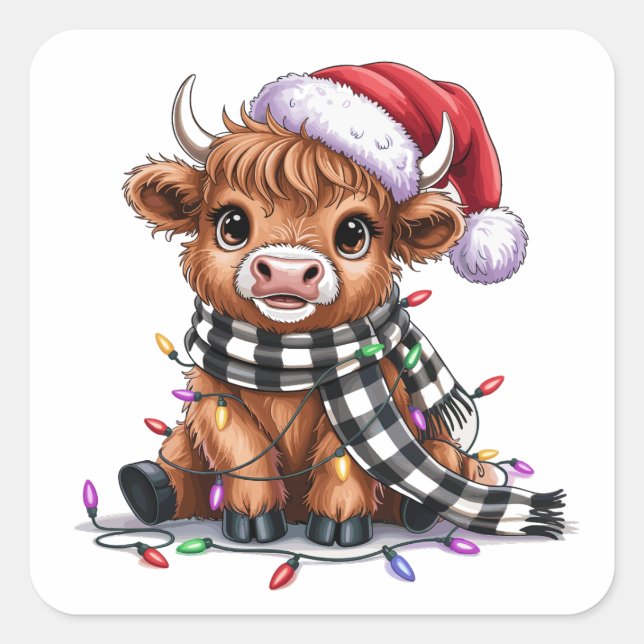Sticker Carré Lumières de Noël Vache Highland Santa Hat (Devant)