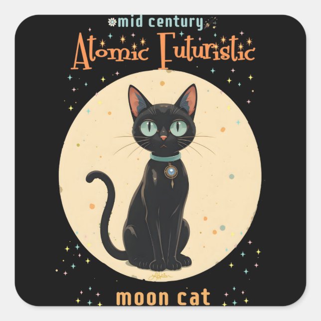 Sticker Carré Lune de chat noir atomique futuriste avec texte (Devant)