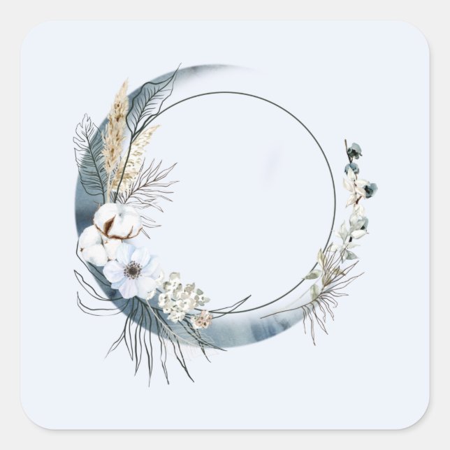 Sticker Carré Lune de croissant bleu avec fleurs blanches (Devant)