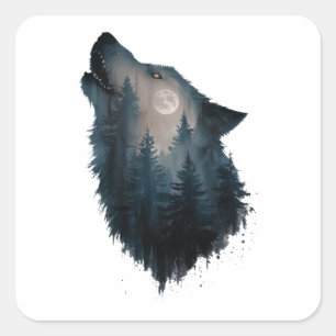 Sticker Carré Lune de la forêt de Wolf Howl