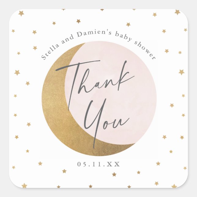 Sticker Carré Lune et étoiles baby shower merci (Devant)