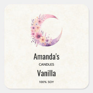 Sticker Carré Lune rose Croissant avec Fleurs Bougies