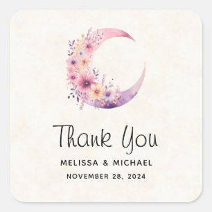 Sticker Carré Lune rose Croissant avec Merci Mariage Fleurs