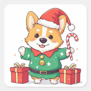 Sticker Carré Lutin Corgi tenant un cadeau de Noël emballé