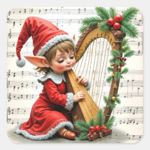 Sticker Carré Lutin de Noël jouant de la harpe