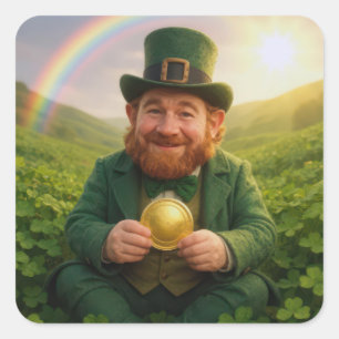 Sticker Carré Lutin Irlandais Avec Pièce d'Or et Arc-en-Ciel