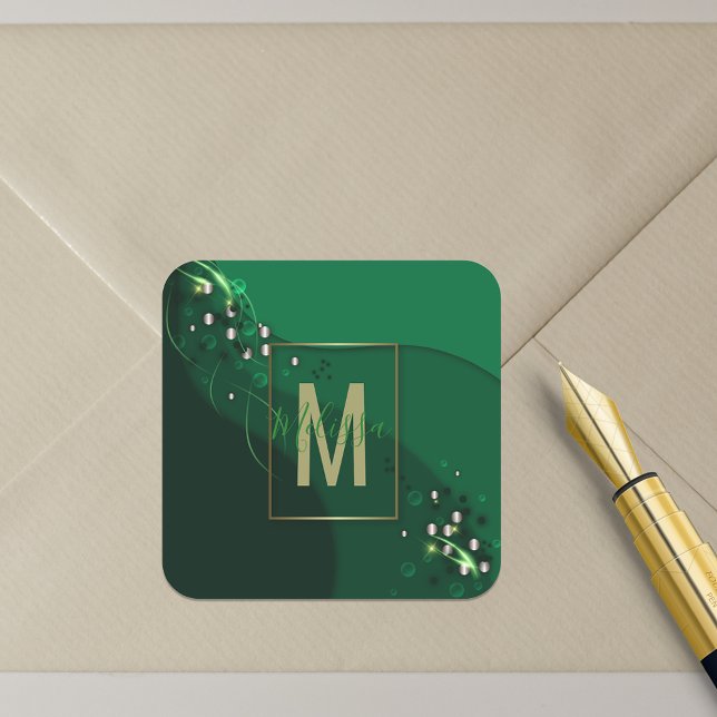 Sticker Carré Luxe Abstrait Emerald Green Gold Monogrammed (Créateur téléchargé)