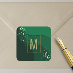 Sticker Carré Luxueux Monogramme Vert Émeraude Or Abstrait