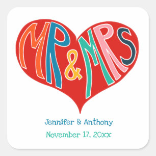 Sticker Carré M. et Mme Colorful Red Heart Shape Mariage