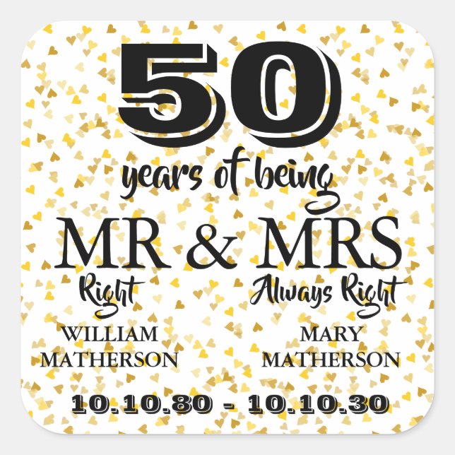 Sticker Carré M. Mme Right Fun Golden 50e anniversaire (Devant)