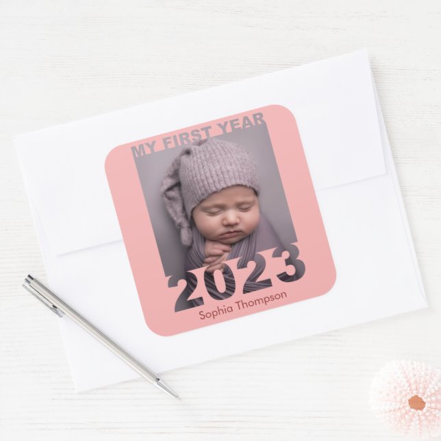 Sticker Carré Ma première année 2023 Découpe moderne Baby Photo  (Enveloppe)