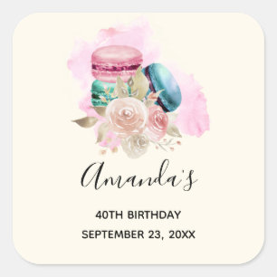 Sticker Carré Macarons colorés et fleurs Aquarelle Anniversaire