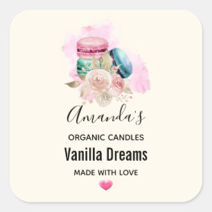 Sticker Carré Macarons et fleurs colorés Bougie d'aquarelle