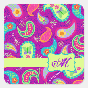 Sticker Carré Magenta Purple Vert moderne Paisson Monogramme