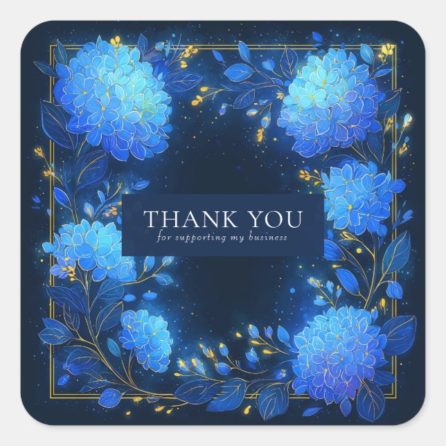 Sticker Carré Magical Glowing Blue Hydrangea Gold Sparkle Floral (Devant)