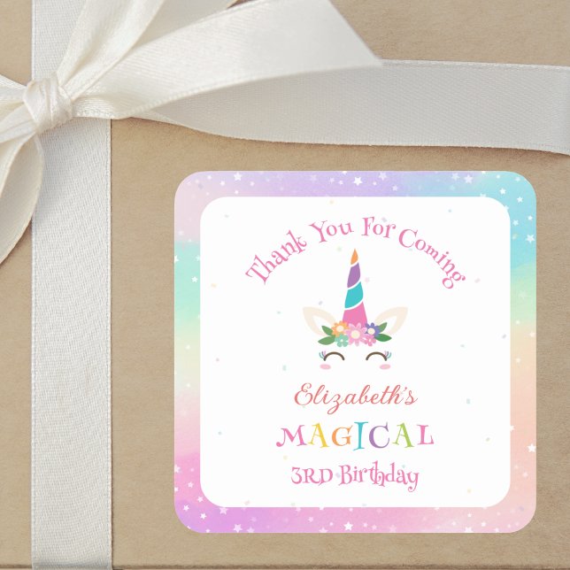 Sticker Carré Magique Cute Unicorn Anniversaire Merci Pour Venir (Créateur téléchargé)