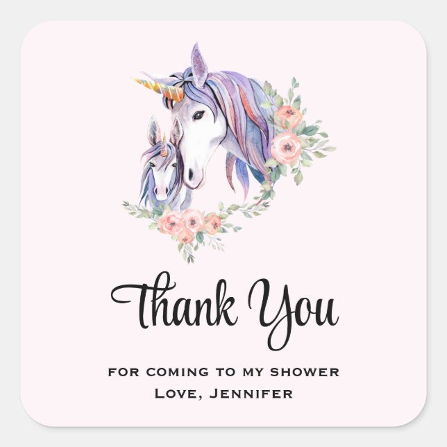 Sticker Carré Magique Unicorn maman & bébé Merci d'aquarelle (Devant)