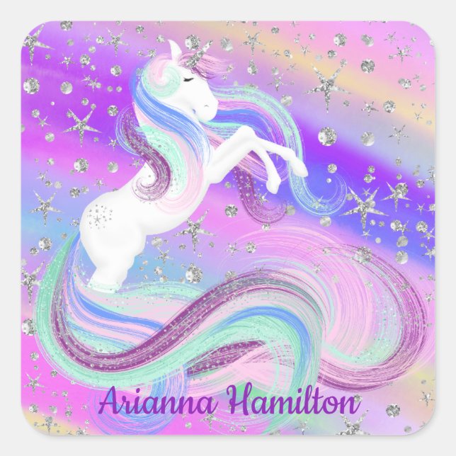 Sticker Carré Magique Unicorne Étoiles d'argent brillant (Devant)