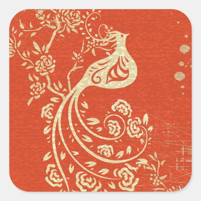 Sticker Carré Magnifique Oiseau Or Fille fine Retro Floral (Devant)