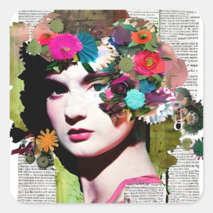 Sticker Carré Magnifique Vintage Lady Papier Collage Journal