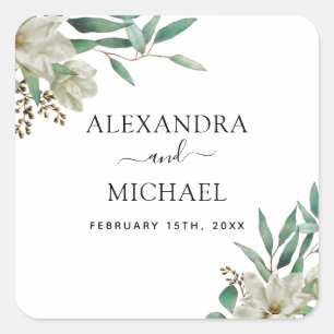 Sticker Carré Magnolia Eucalyptus Aquarelle Mariage élégant