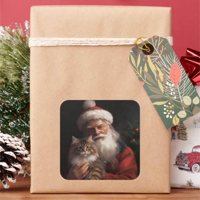 Sticker Carré Maine Coon avec Noël Festif du Père Noël (vacances)