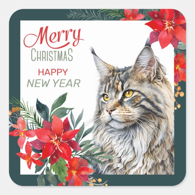 Sticker Carré Maine Coon Chat Poinsettia Frontière Noël (Devant)