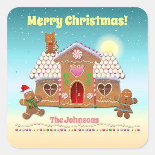 Sticker Carré Maison Colorée En Pain D'Épices Avec Un Chat Sur L