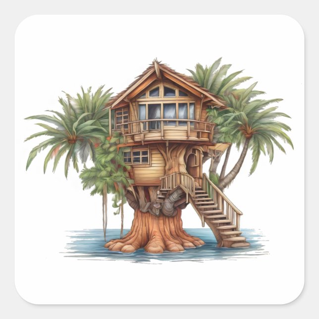Sticker Carré Maison d'arbre dans le palmier (Devant)