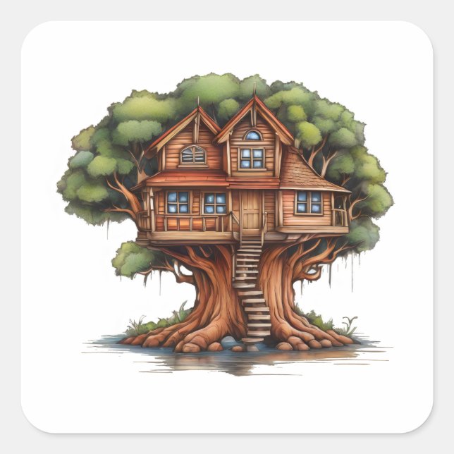 Sticker Carré Maison d'arbre en bois de séquoia (Devant)