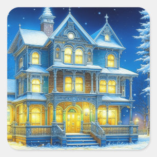 Sticker Carré Maison de Noël dans une nuit de neige
