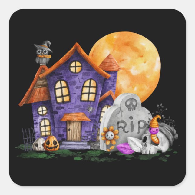 Sticker Carré Maison d'Halloween (Devant)
