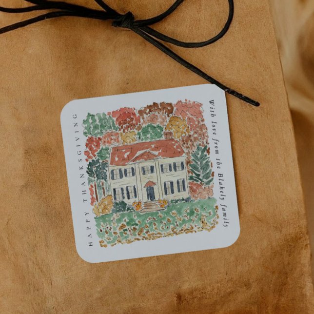 Sticker Carré Maison Georgienne automnale de Thanksgiving à l'aq (Watercolor Thanksgiving Autumnal Georgian House Square Sticker)