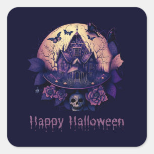 Sticker Carré Maison gothique violet foncé Hauny Halloween heure