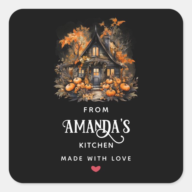 Sticker Carré Maison hantée avec cuisine d'Halloween Citrouille (Devant)