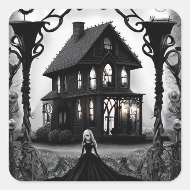 Sticker Carré Maison hantée avec Déplaisante dame fantôme (Devant)