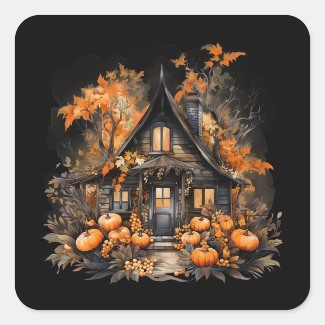 Sticker Carré Maison hantée avec Halloween Citrouille (Devant)