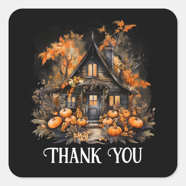 Sticker Carré Maison hantée avec Merci d'Halloween Citrouille (Devant)