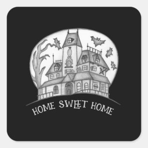 Sticker Carré Maison hantée et chauves-souris Halloween