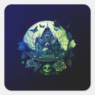 Sticker Carré Maison hantée gothique verte et violette