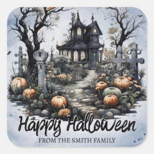 Sticker Carré Maison Haunted Halloween personnalisée